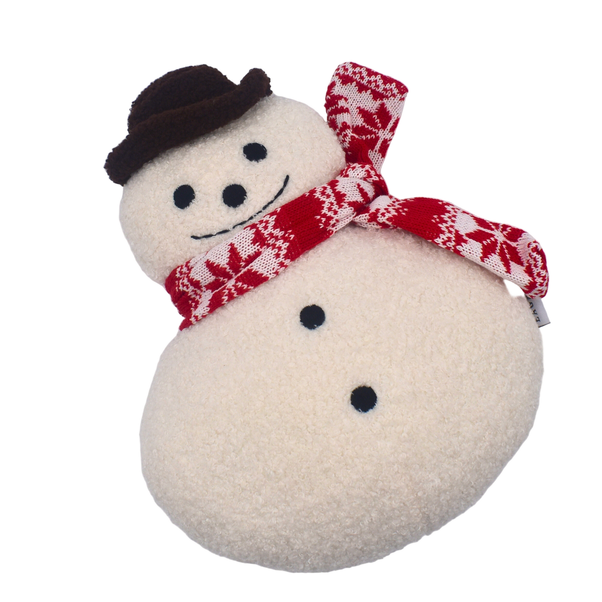Small snowman plush toy with a red scarf on a white background